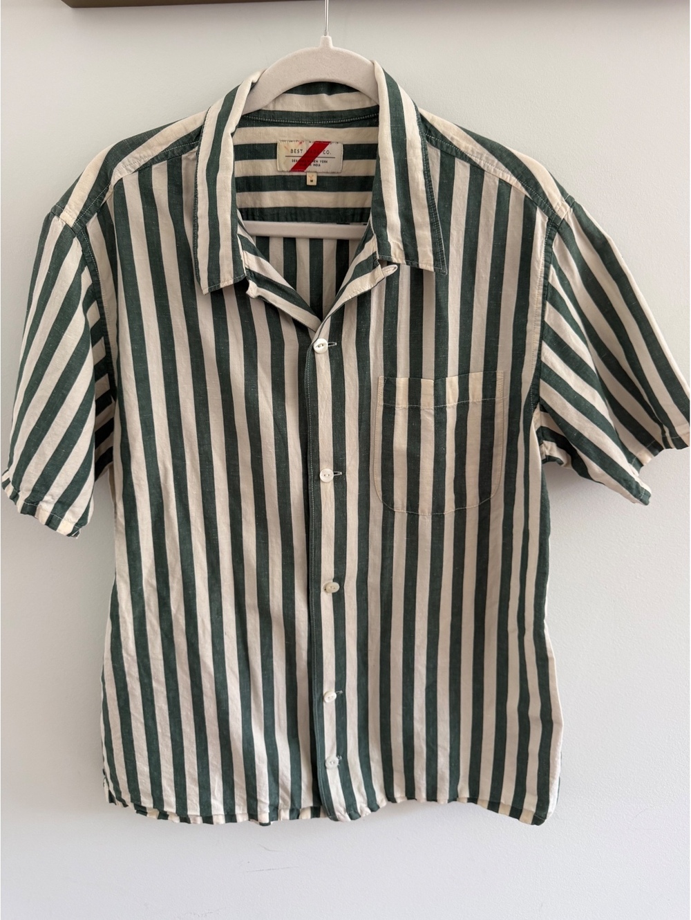 Best Made Co. Men's Medium Green and White Vertical Stripe Short Sleeve Shirt